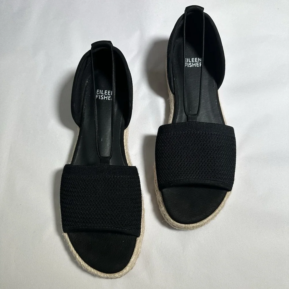 Eileen Fisher Mews Mesh‎ Slip On Espadrille Sandals Women's Sz 7.5 Black Elastic